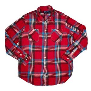 Polo Ralph Lauren Mens Large Classic Fit Plaid Flannel Workshirt Tartan Red Blue
